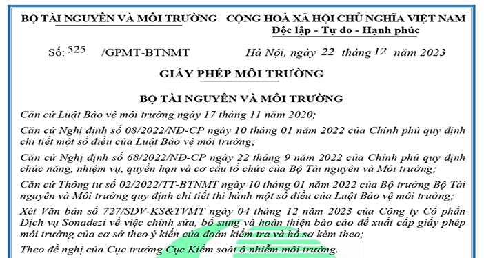 Công khai thông tin môi trường – Giấy phép môi trường số 525/GPMT-BTNMT ngày 22/12/2023