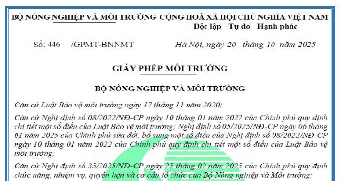 Công Khai Thông Tin Môi Trường - Giấy Phép Môi Trường Của Cơ Sở Khu Xử Lý Chất Thải Quang Trung (Năm 2025)