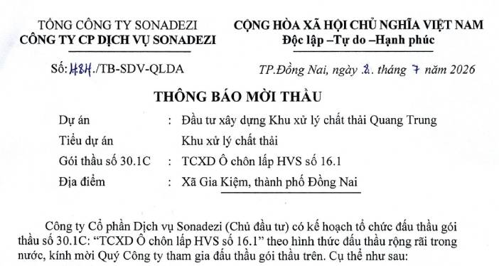 THÔNG BÁO MỜI THẦU