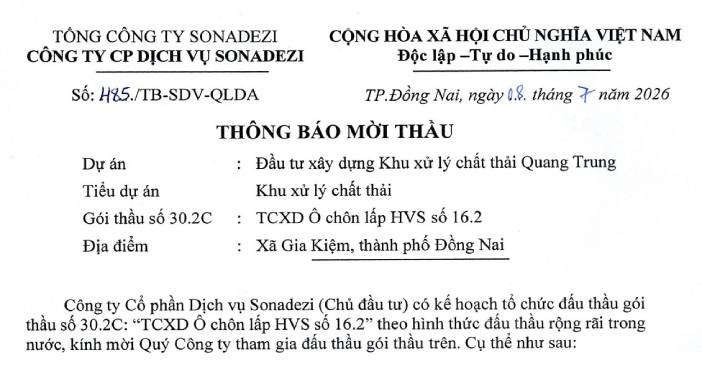 THÔNG BÁO MỜI THẦU