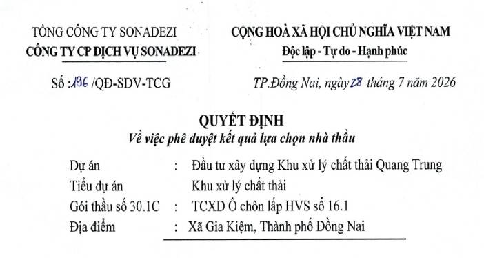 QUYẾT ĐỊNH: Về việc phê duyệt kết quả lựa chọn nhà thầu