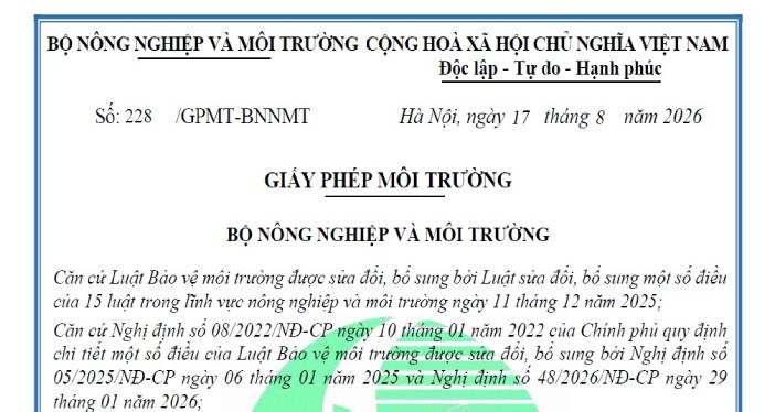 Công khai thông tin môi trường GPMT số 228/GPMT-BNNMT ngày 17/8/2026