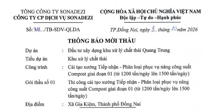 THÔNG BÁO MỜI THẦU